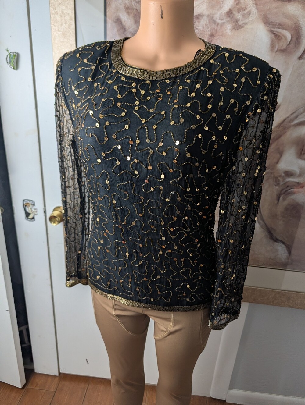 Vintage 80s Royal Feelings Silk Sequin Jacket Black Gold Art Deco Size M